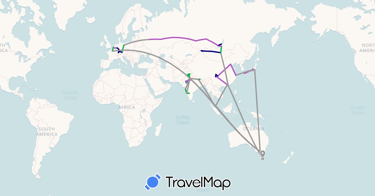 TravelMap itinerary: driving, bus, plane, train, hiking in Australia, Belgium, China, Germany, France, Hong Kong, India, Japan, Mongolia, Malaysia, Nepal, Russia, Singapore (Asia, Europe, Oceania)